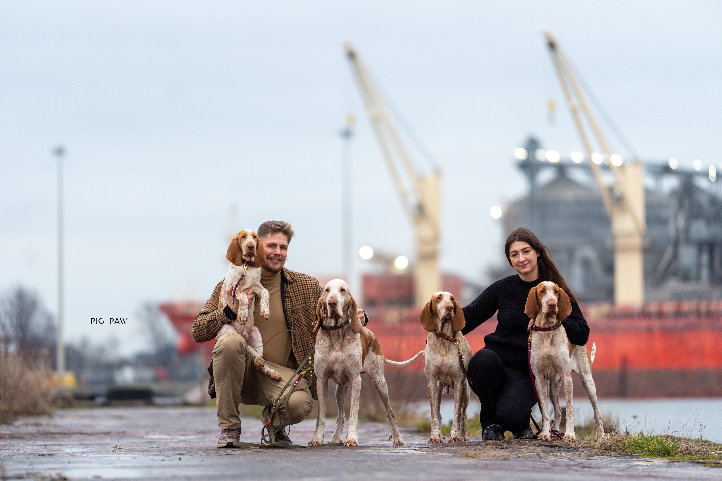 Chosen by Hunters founders with their Bracco Italiano dogs at the shipyard